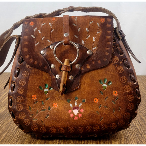 Title: Vintage 70s Handpainted Tooled Leather Shoulder Bag Boho Western Hippie - Picture 3 of 11